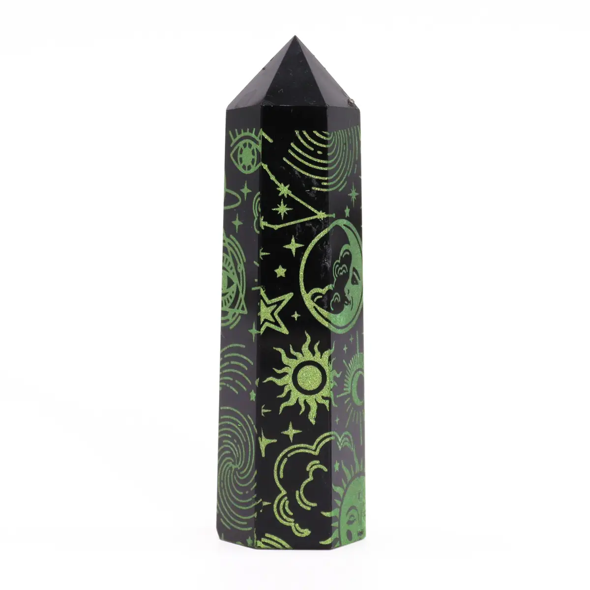 Svart obsidianspets med gröna mån- och stjärnsymboler cirka 9 cm - produktbild 3