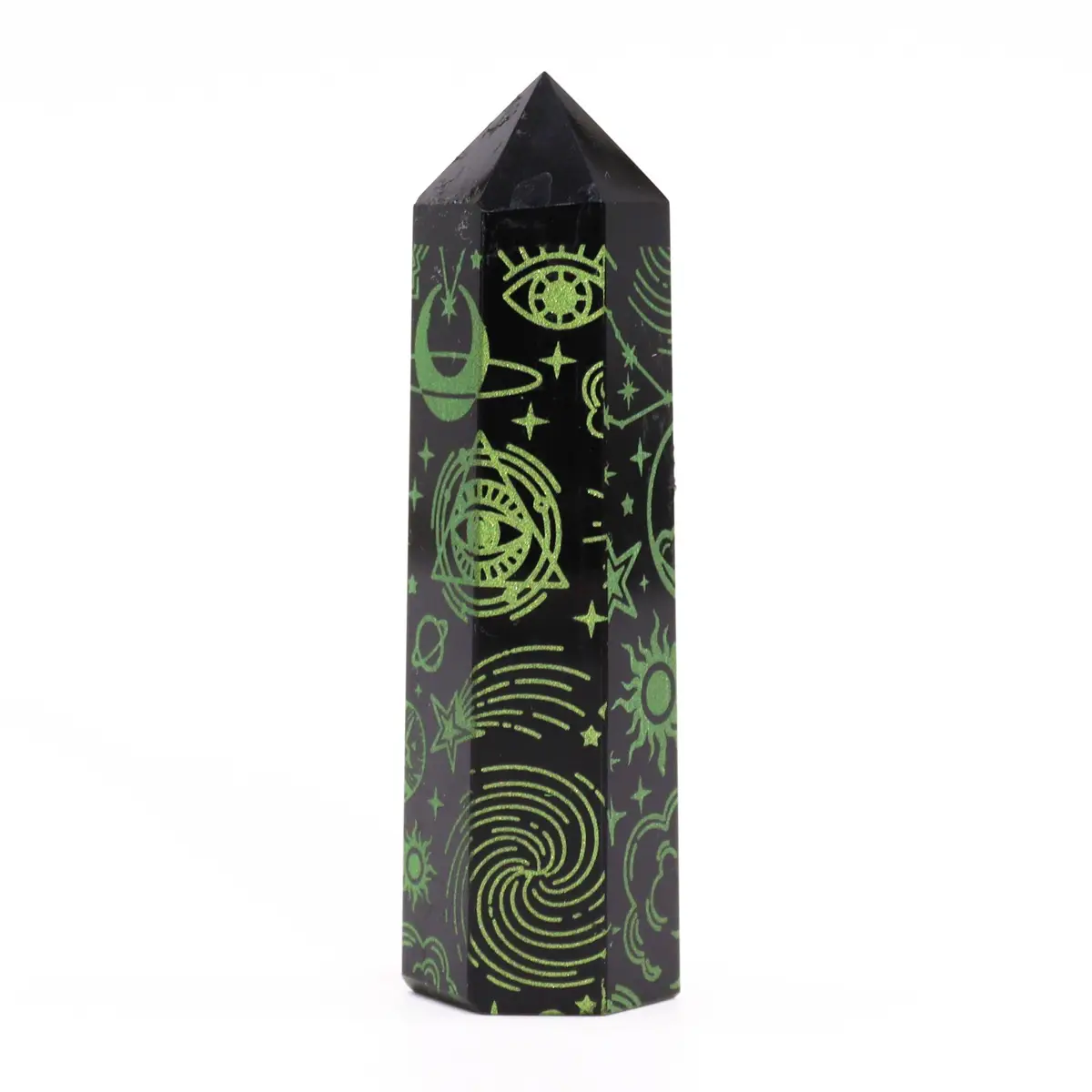 Svart obsidianspets med gröna mån- och stjärnsymboler cirka 9 cm - produktbild 4