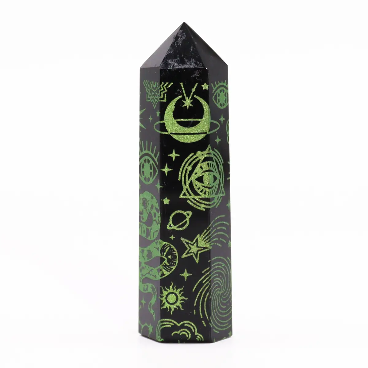 Svart obsidianspets med gröna mån- och stjärnsymboler cirka 9 cm - produktbild 5