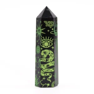 Svart obsidianspets med gröna mån- och stjärnsymboler cirka 9 cm - produktbild 6