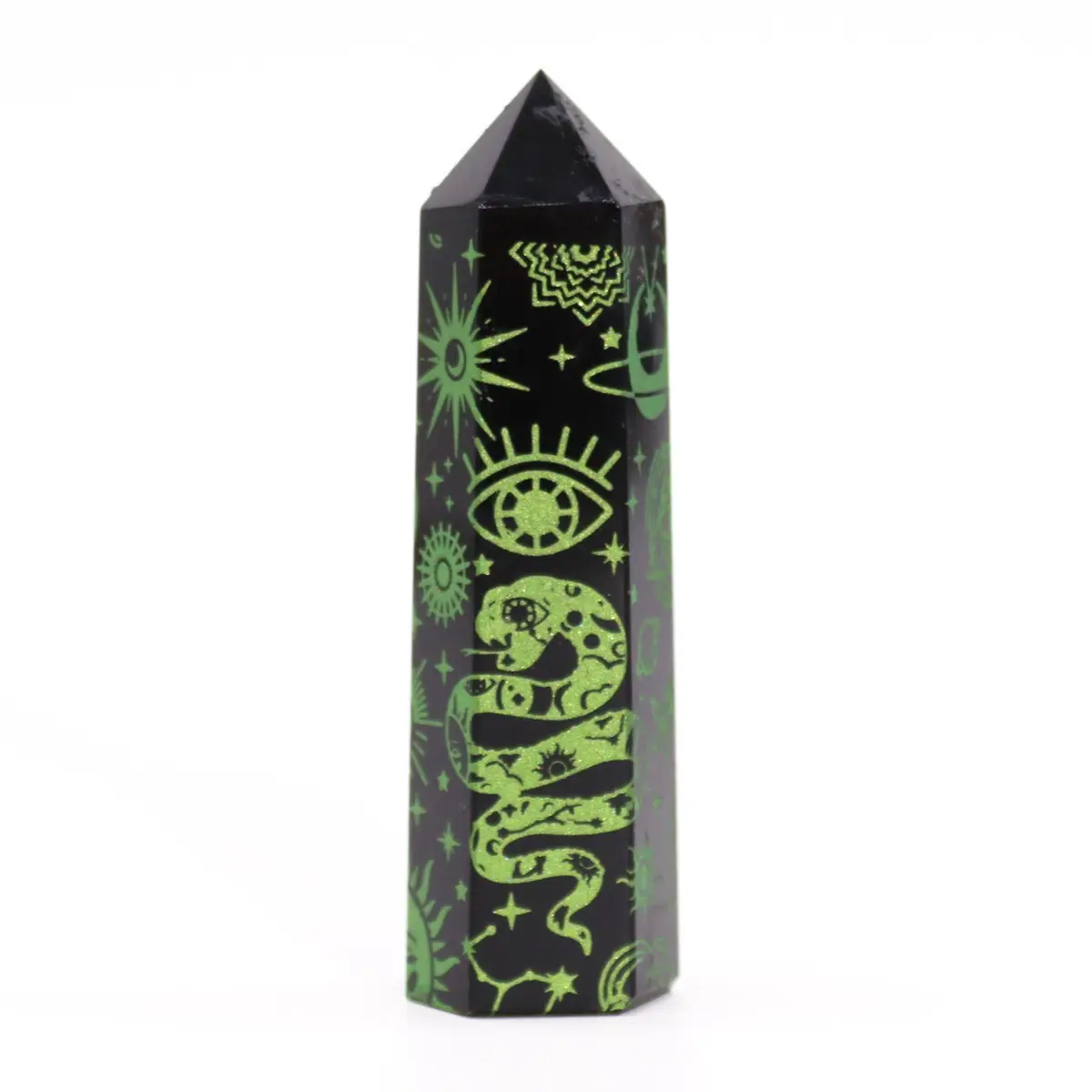 Svart obsidianspets med gröna mån- och stjärnsymboler cirka 9 cm - produktbild 6