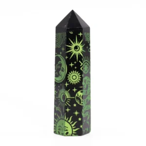 Svart obsidianspets med gröna mån- och stjärnsymboler cirka 9 cm - produktbild 8