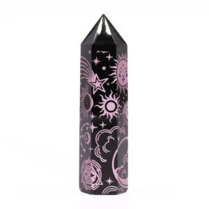 Svart obsidianspets med rosa himmelsymboler, ca 9 cm - produktbild 2
