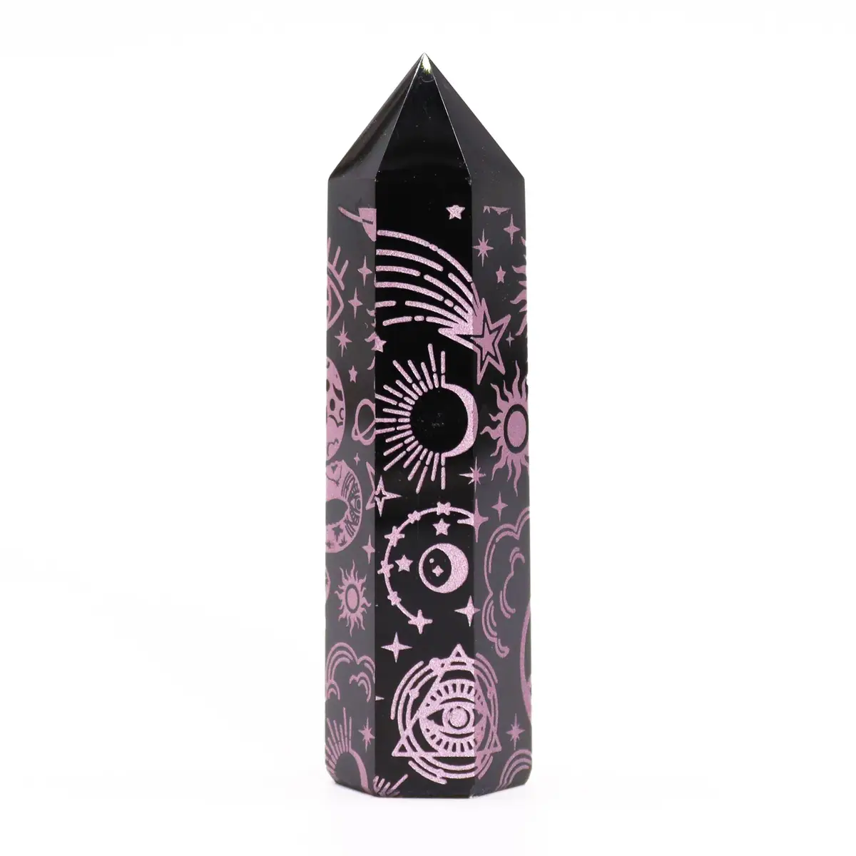 Svart obsidianspets med rosa himmelsymboler, ca 9 cm - produktbild 3