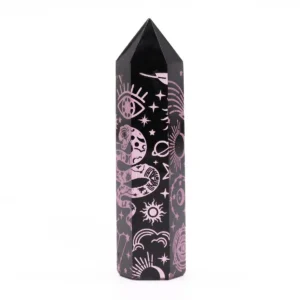 Svart obsidianspets med rosa himmelsymboler, ca 9 cm - produktbild 4