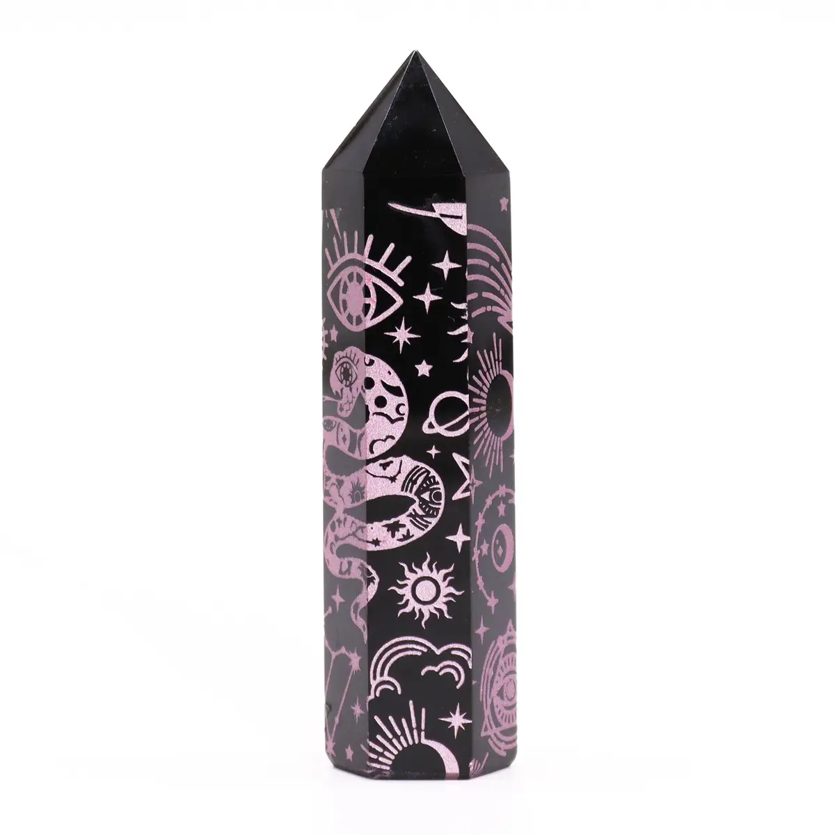 Svart obsidianspets med rosa himmelsymboler, ca 9 cm - produktbild 4