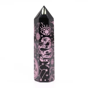 Svart obsidianspets med rosa himmelsymboler, ca 9 cm - produktbild 5