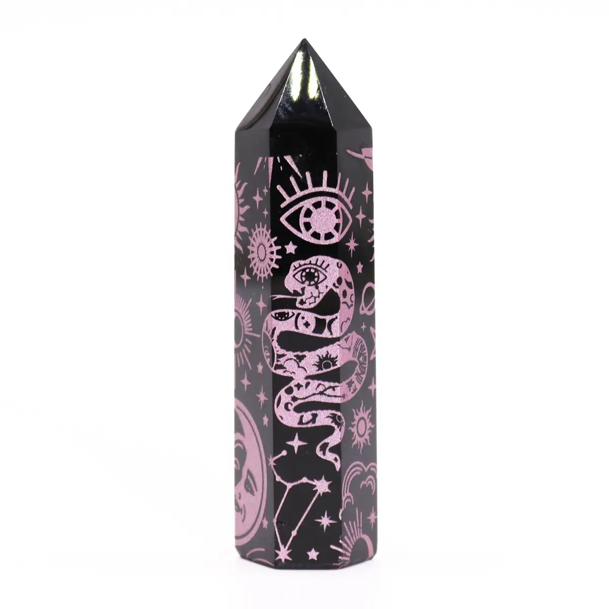 Svart obsidianspets med rosa himmelsymboler, ca 9 cm - produktbild 5