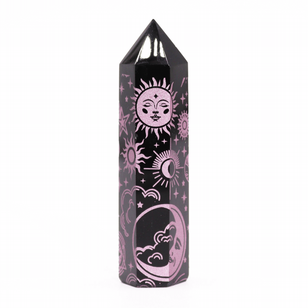 Svart obsidianspets med rosa himmelsymboler, ca 9 cm - produktbild 6