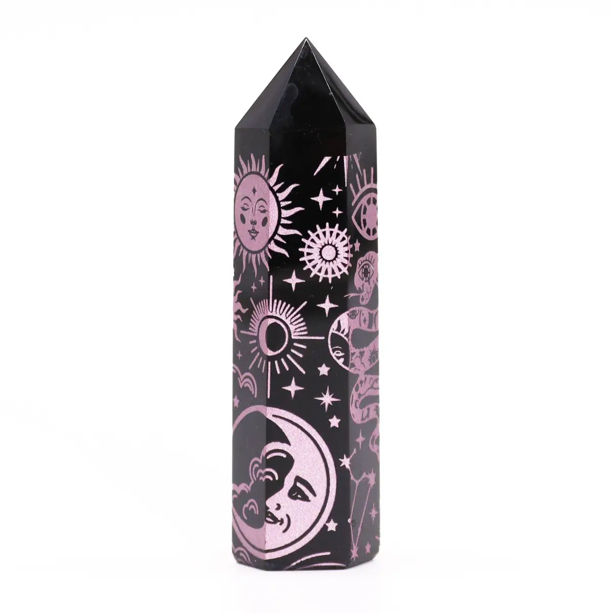 Svart obsidianspets med rosa himmelsymboler, ca 9 cm - produktbild 7