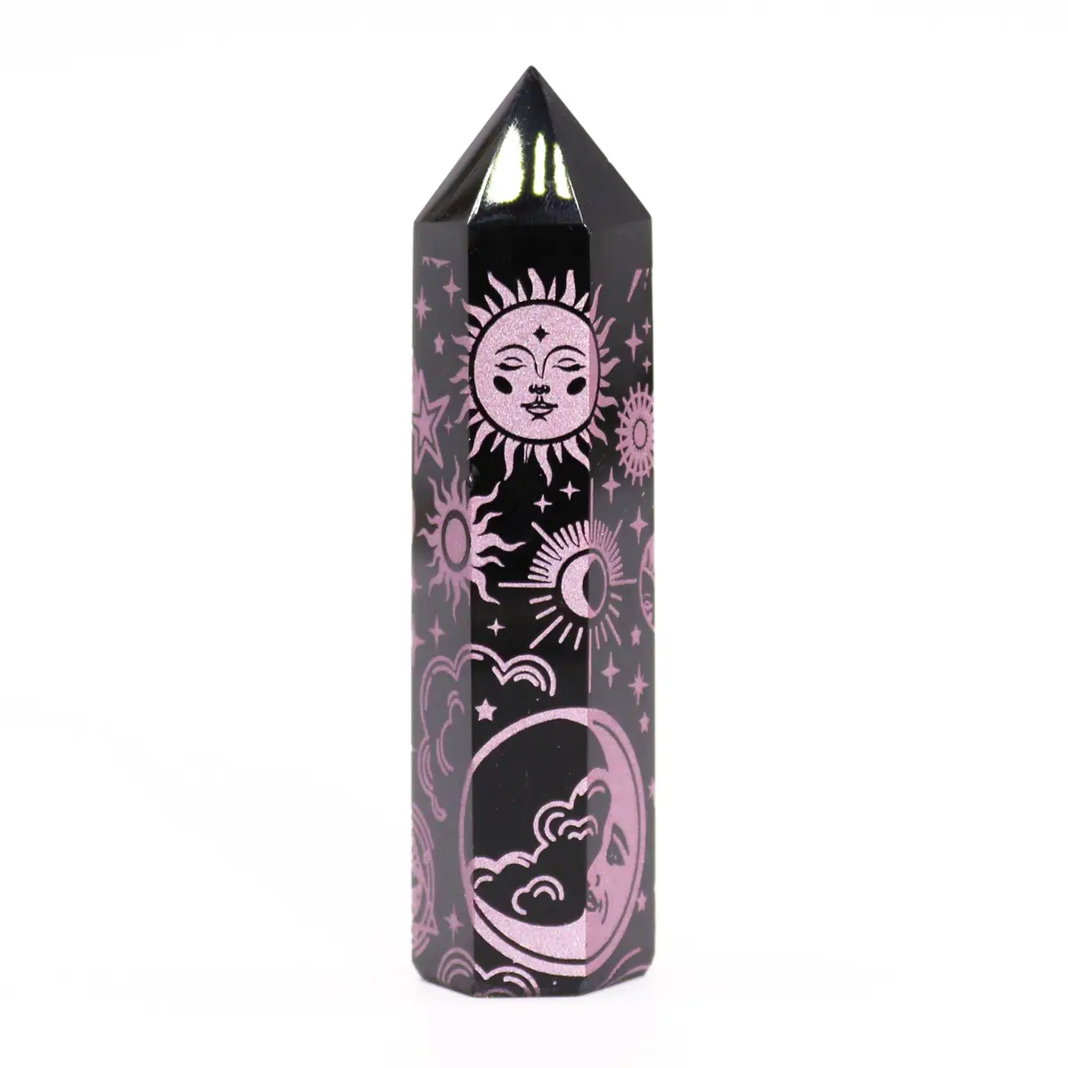 Svart obsidianspets med rosa himmelsymboler i form av sol, måne och stjärnor