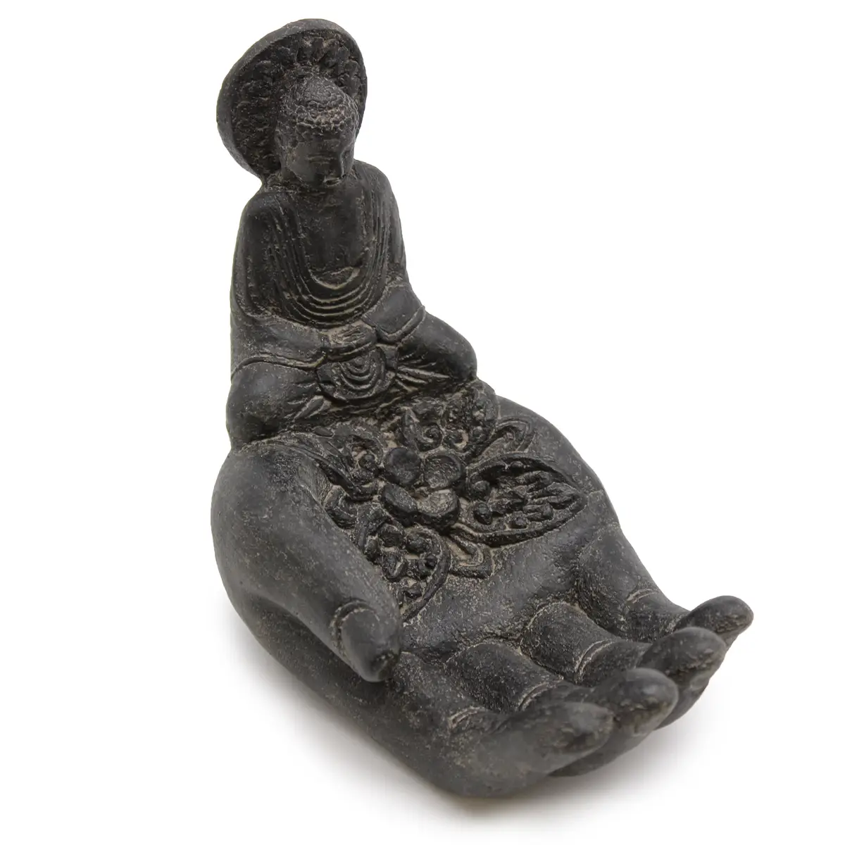 Svart rökelsehållare i sten med Buddhafigur och handformad design