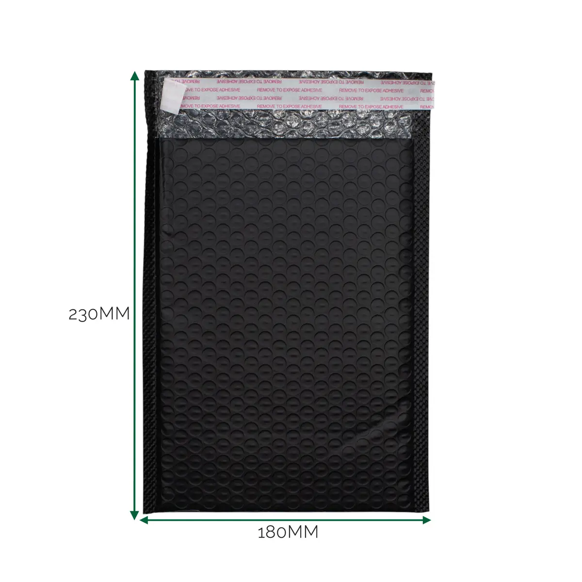 Svart vadderat bubbelkuvert i polyeten med självhäftande remsa och måtten 180x230 mm