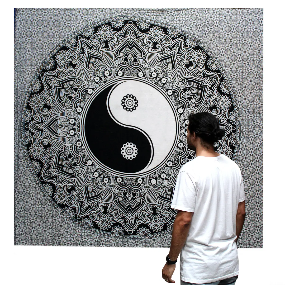 Svartvitt dubbelsidigt bomullstäcke och väggbonad med Ying Yang-motiv - produktbild 2