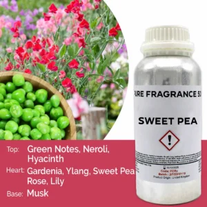 Flaska med Sweet Pea ren doftolja 500 ml och bild på röda blommor och gröna ärtor