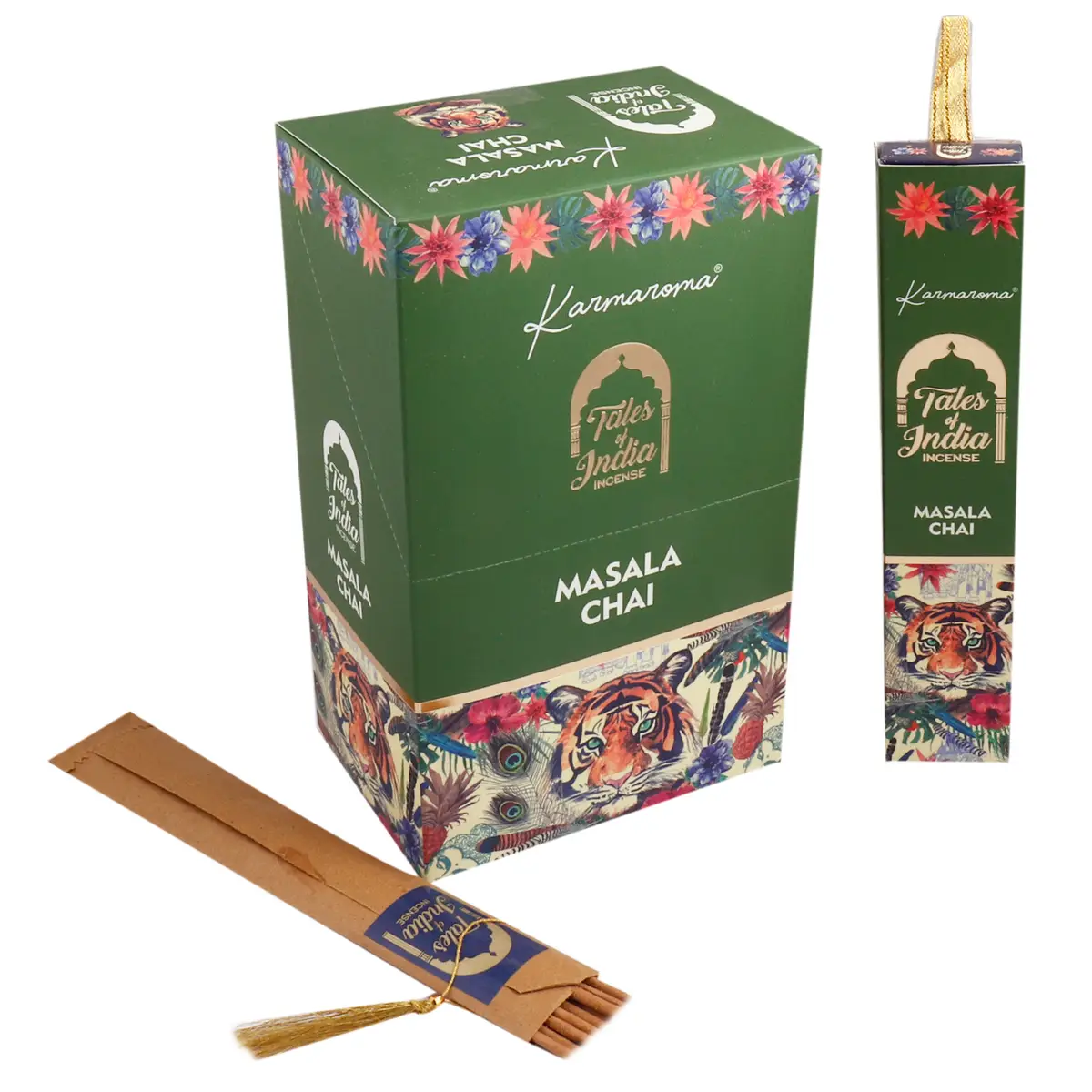Förpackning och rökelsepinnar Tales of India Masala Chai med tiger och blommotiv