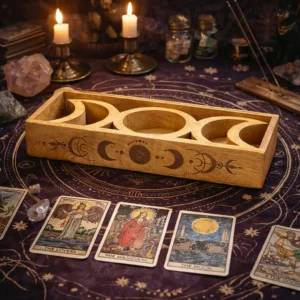 Tarotbricka med månfasmotiv och kortställ i mangoträ - produktbild 3
