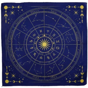 Blå tarotduk med guldfärgat zodiakmönster och stjärntecken