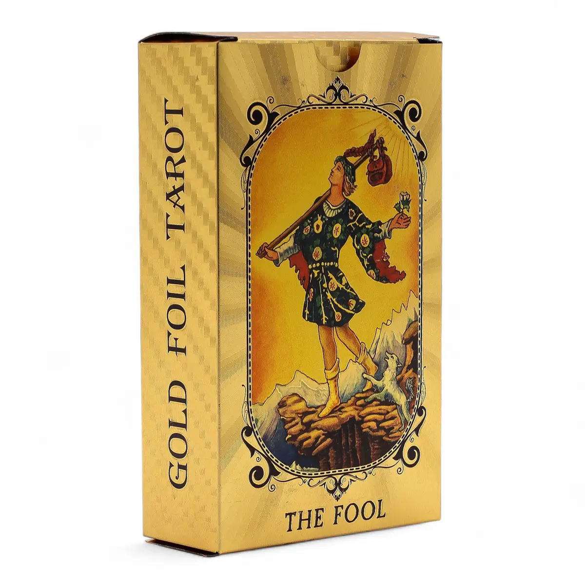 Förpackning med tarotkort The Fool i blått och guldfolie