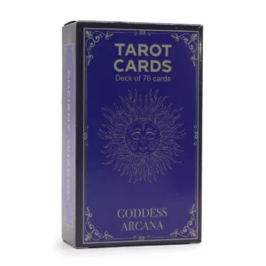 Förpackning med tarotkort Goddess Arcana i blått med solmotiv och text