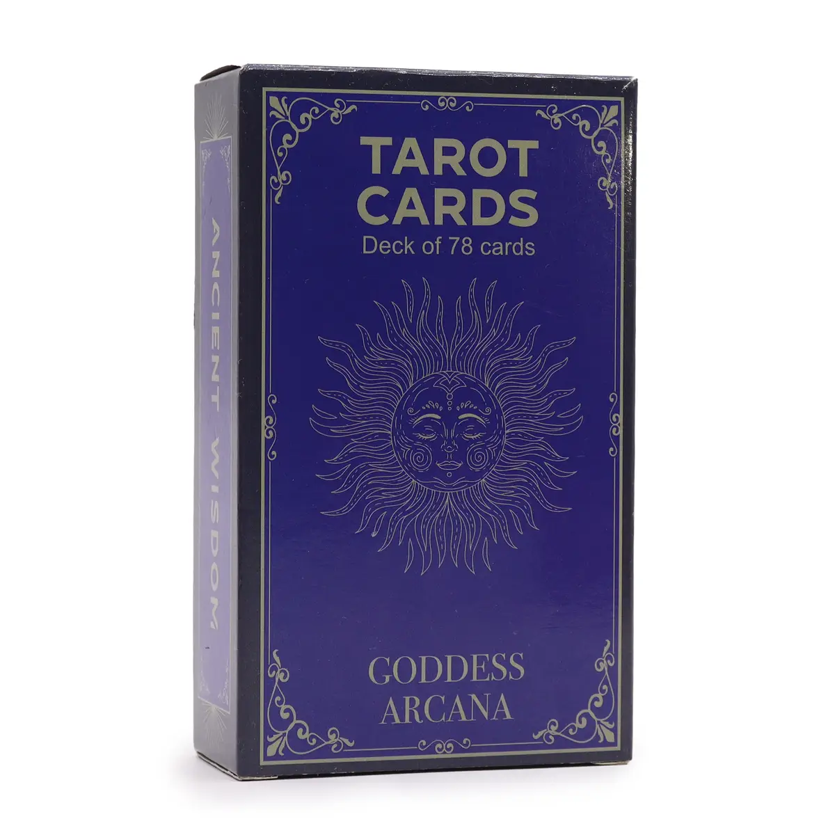 Förpackning med tarotkort Goddess Arcana i blått med solmotiv och text
