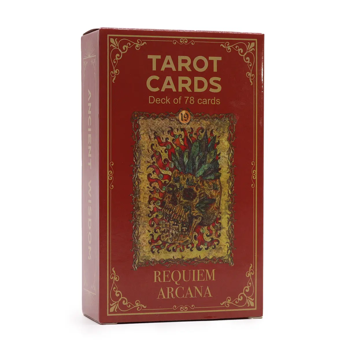 Förpackning med tarotkortleken Requiem Arcana i rött med gotisk design