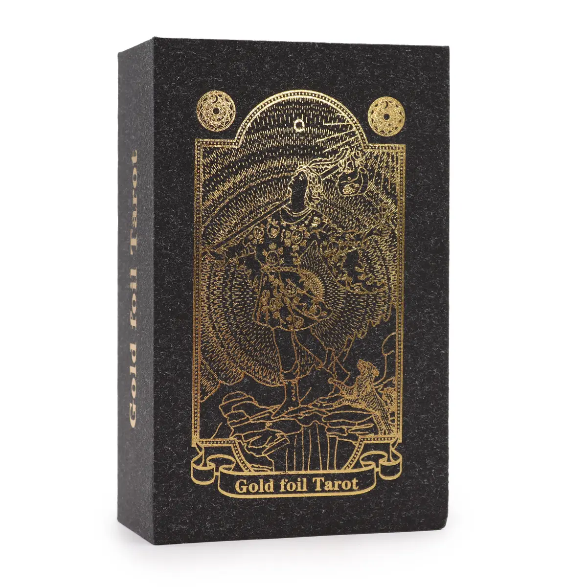 Svart presentask med guldfolierad illustration av tarotkort