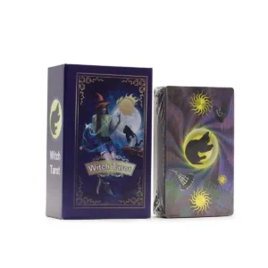 Tarotkort med häxmotiv och lila folie i presentförpackning