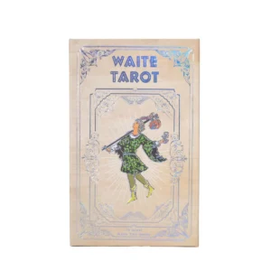 Förpackning med Waite tarotkort med silverfolie och illustration av narren