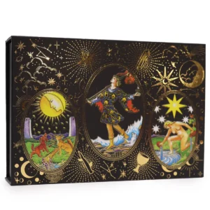 Svart tarotkortset med guldfolie och färgglada illustrationer på korten