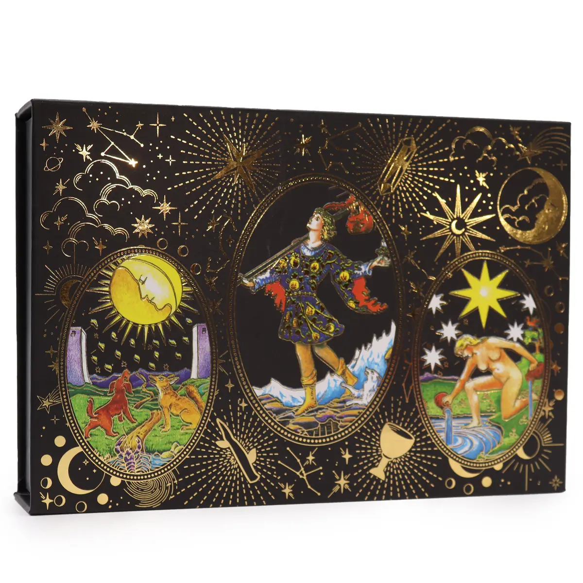 Svart tarotkortset med guldfolie och färgglada illustrationer på korten