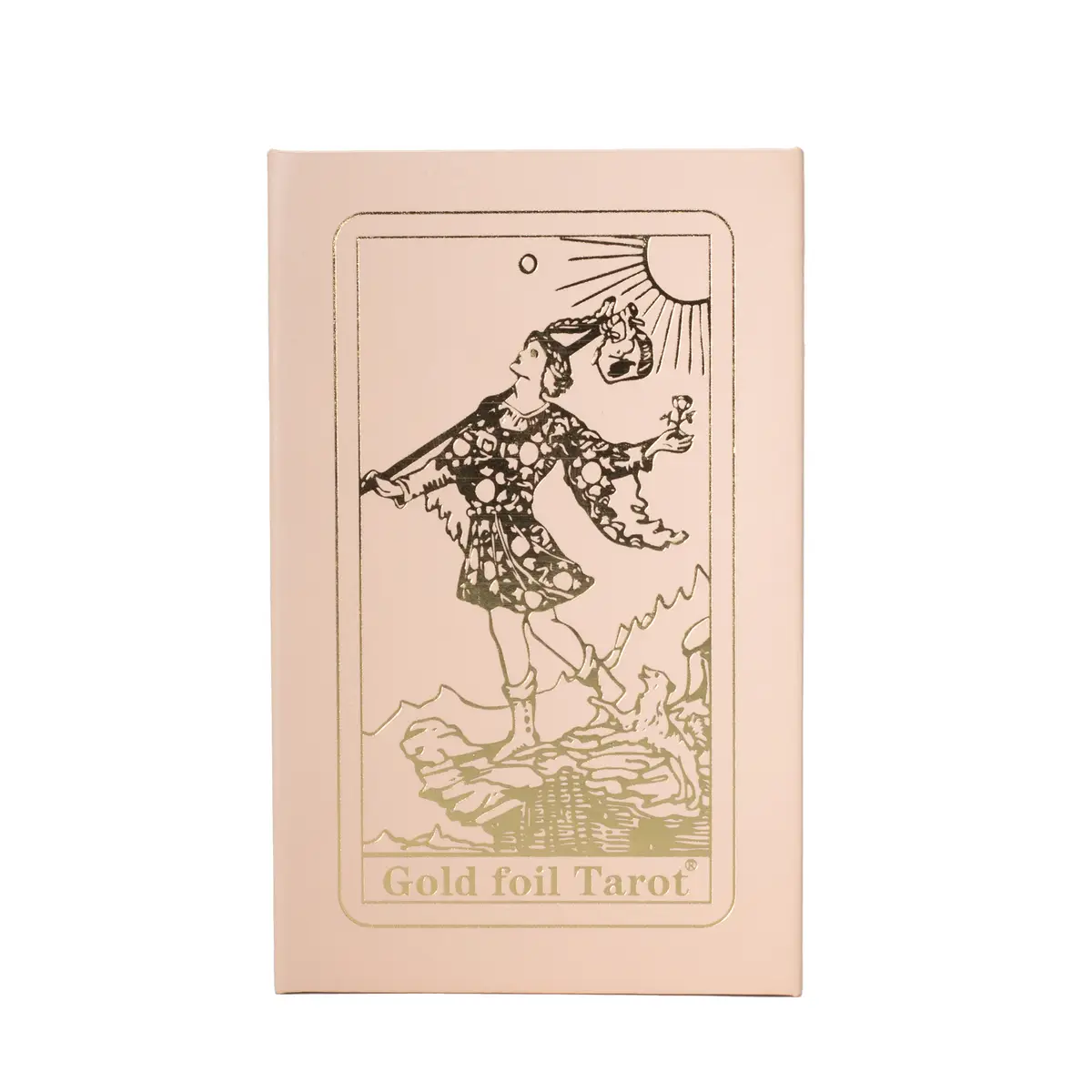 Rosa presentask med tarotkort och guldskimrande illustration