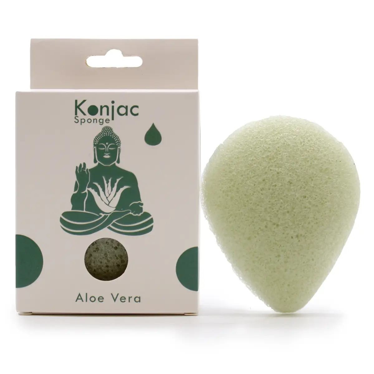 Teardrop-formad konjac-svamp med aloe vera bredvid förpackning