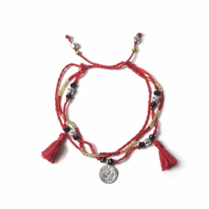 Rött justerbart Temple-armband med pärlor och symbol för oändlig visdom