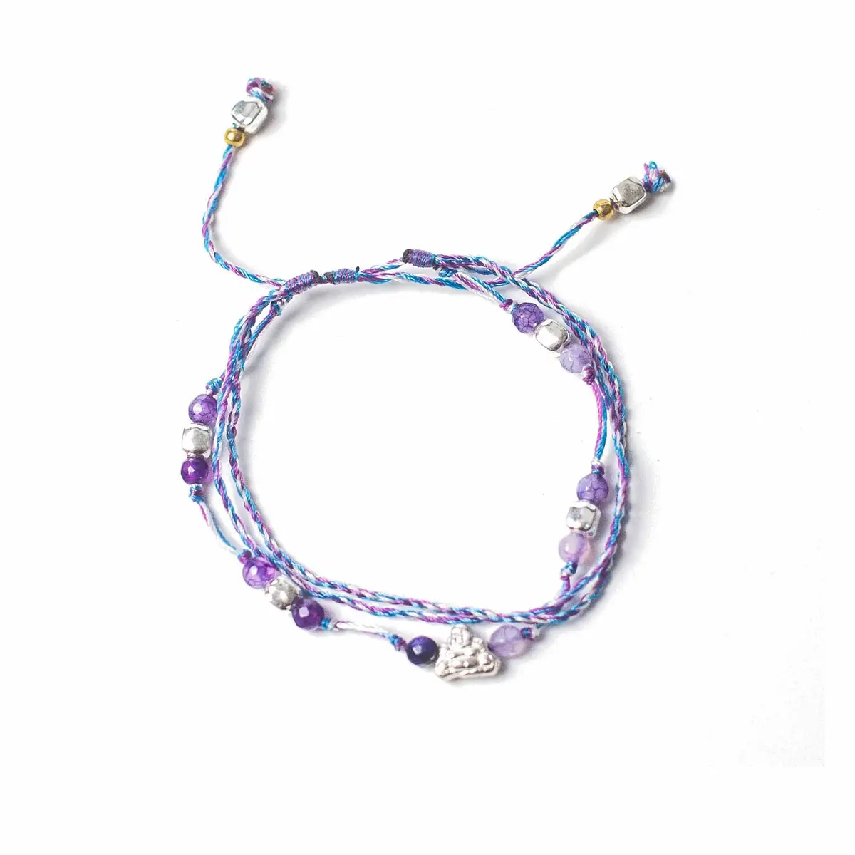 Justerbart Temple-armband i tråd med lila och blå pärlor och Buddha-berlock