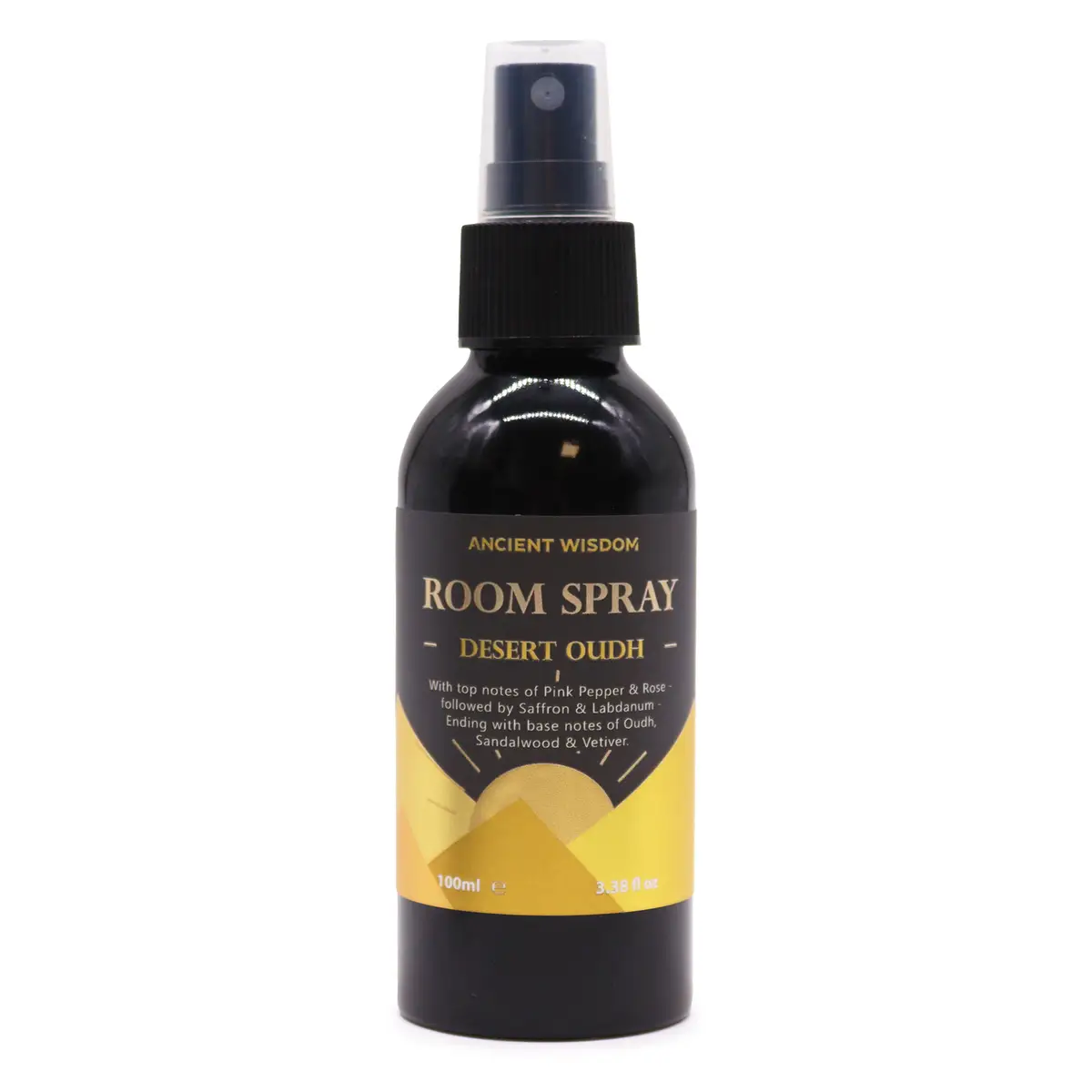 Svart flaska med gul etikett för The Experience Oudh Desert Oudh rumspray 100 ml