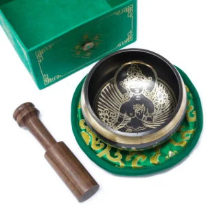 Tibetansk klangskål Green Tara 10 cm med tillbehör - produktbild 2
