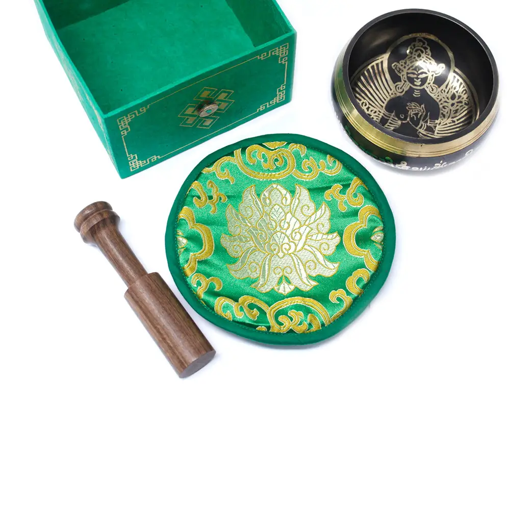 Tibetansk klangskål Green Tara 10 cm med tillbehör - produktbild 3
