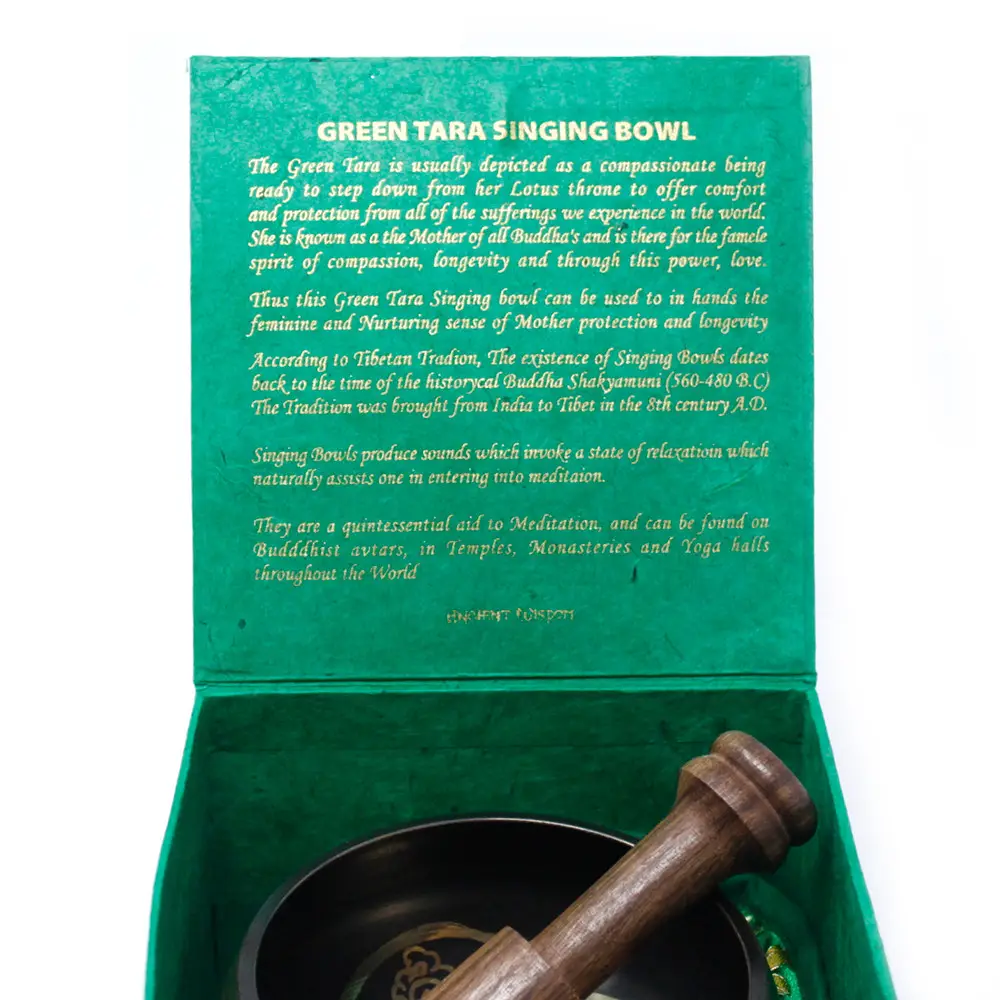 Tibetansk klangskål Green Tara 10 cm med tillbehör - produktbild 4