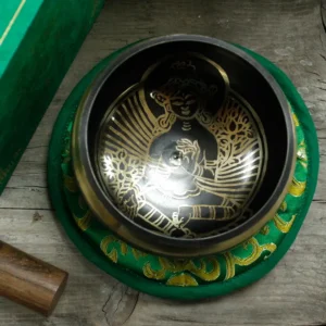 Tibetansk klangskål Green Tara 10 cm med tillbehör - produktbild 7