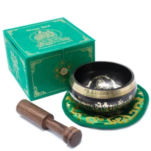 Tibetansk klangskål Green Tara 10 cm med tillbehör - produktbild 9