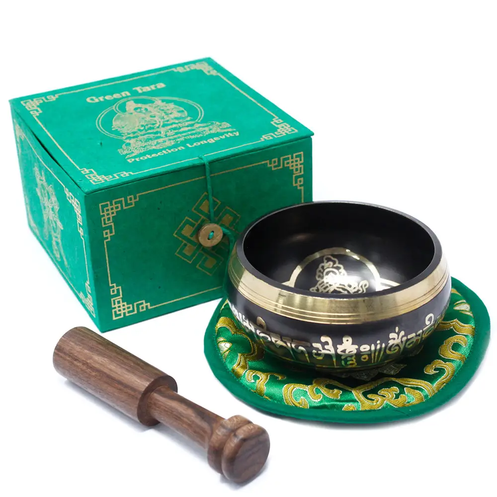 Tibetansk klangskål Green Tara 10 cm med tillbehör - produktbild 9