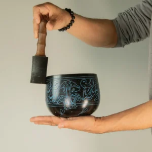 Tibetansk klangskål i kittelstil med blå svampmotiv 15 cm - produktbild 8