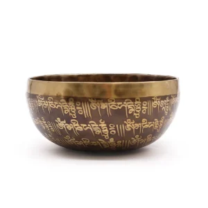 Tibetansk klangskål med ingraverat mantra i metall, 16 cm diameter