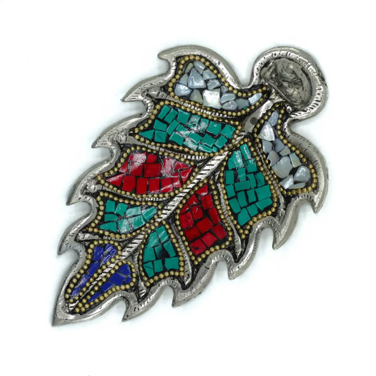 Tibetansk rökelsehållare i form av ett färgglatt blad med Buddhafigur