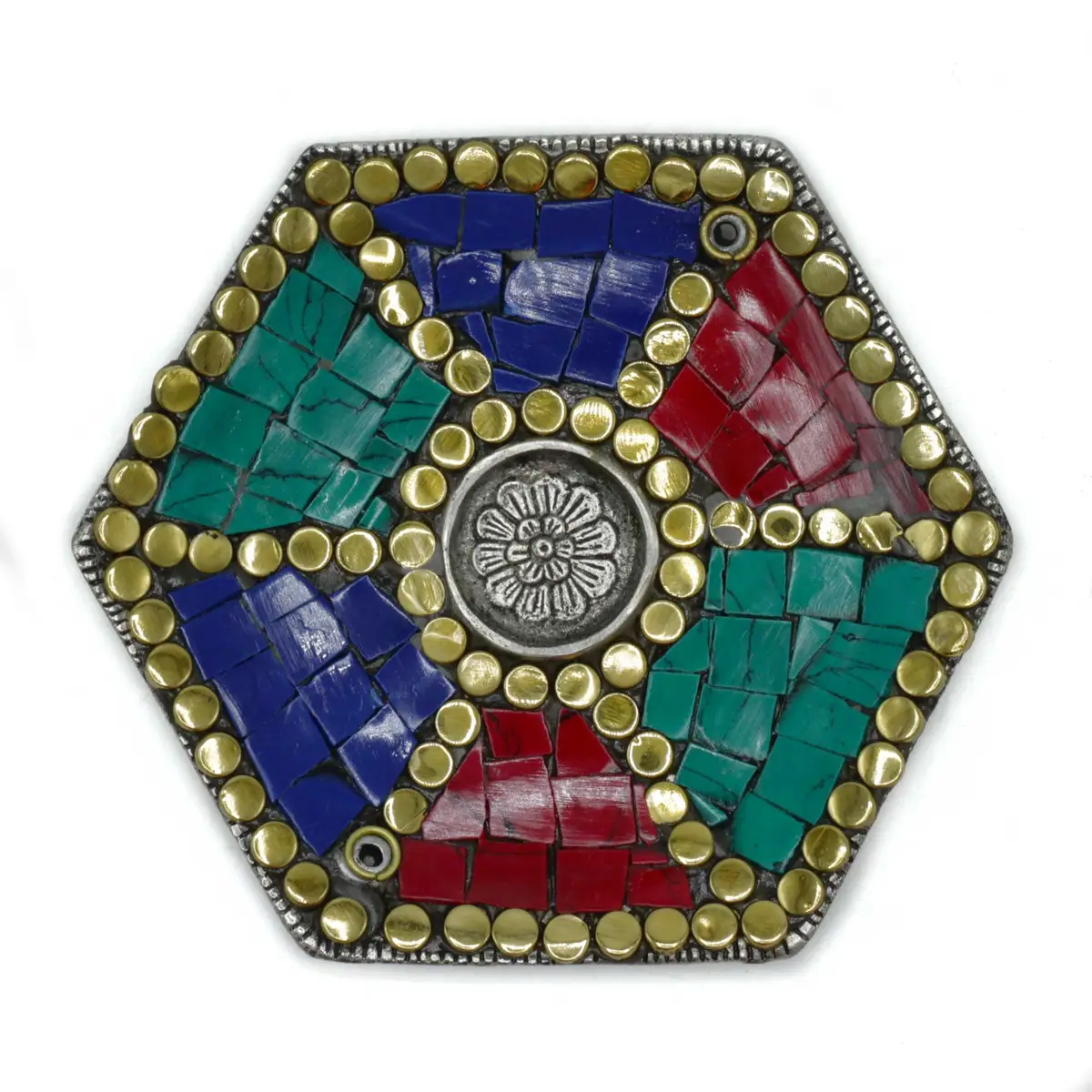 Sexkantig tibetansk rökelsehållare med keramisk mosaik i rött, blått och turkost med gulddetaljer