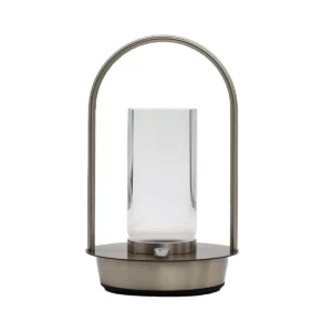 Modern touchbordslampa i metall och glas med lanterninspirerad design