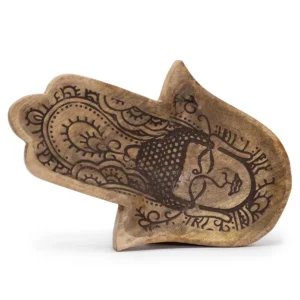 Träbricka formad som en Hamsa med svart ingraverat Buddha-motiv