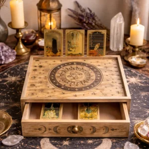 Trälåda för tarotkort med sol- och månmotiv och låda - produktbild 5