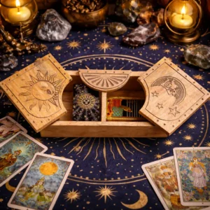 Trälåda med sol- och månmotiv för tarotkort - produktbild 5